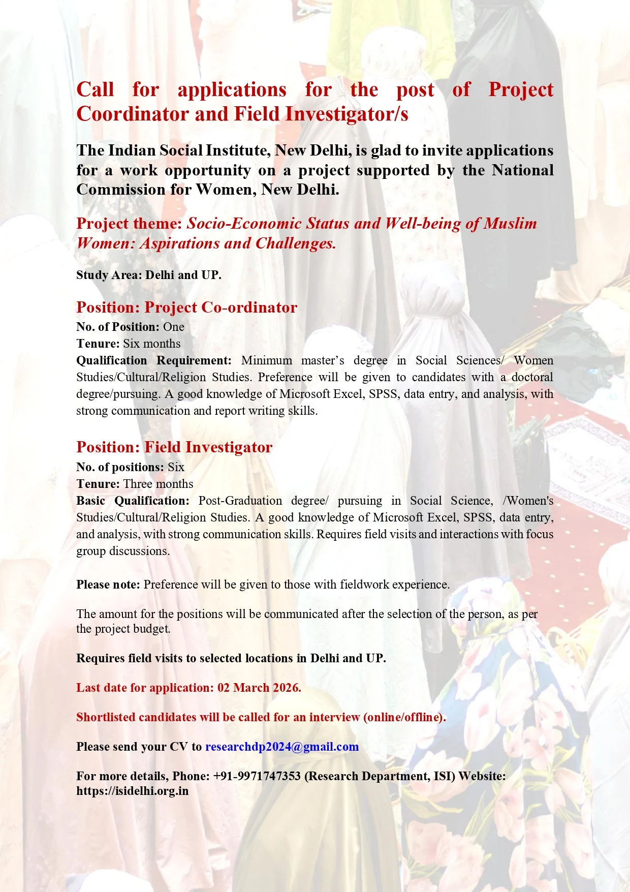 Read more about the article Call for applications for the post of Project Coordinator and Field Investigator/s